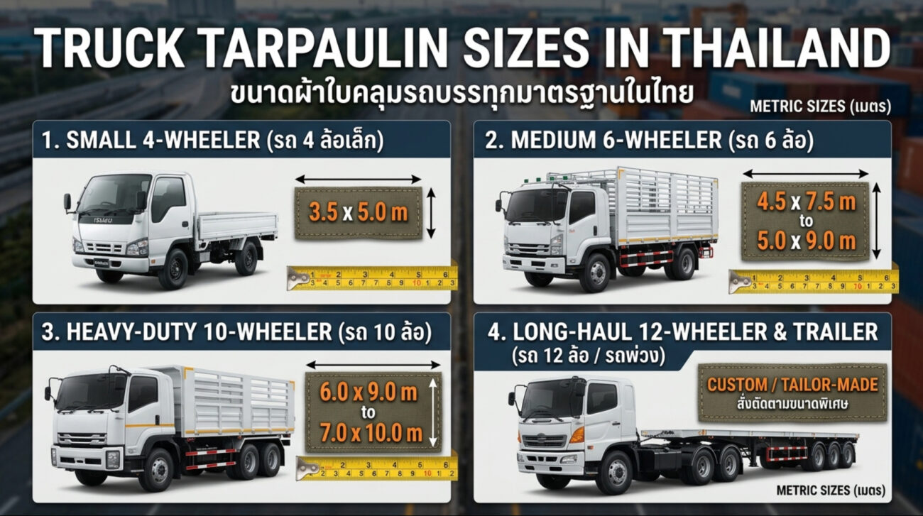 ผ้าใบคลุมรถบรรทุกขนาดมาตรฐานมีขนาดเท่าไหร่? เหมาะกับรถประเภทไหนบ้าง?